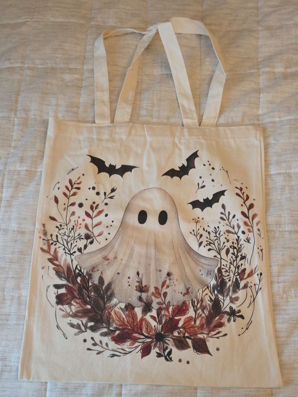 Canvas Ghost Tote Bag in Cream with Autumn Print